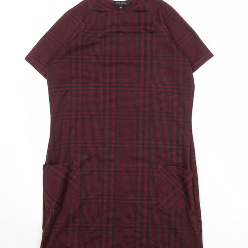 New Look Womens Red Plaid Polyester Shift Size 10 Round Neck Pullover