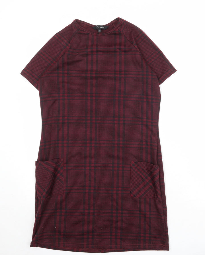 New Look Womens Red Plaid Polyester Shift Size 10 Round Neck Pullover
