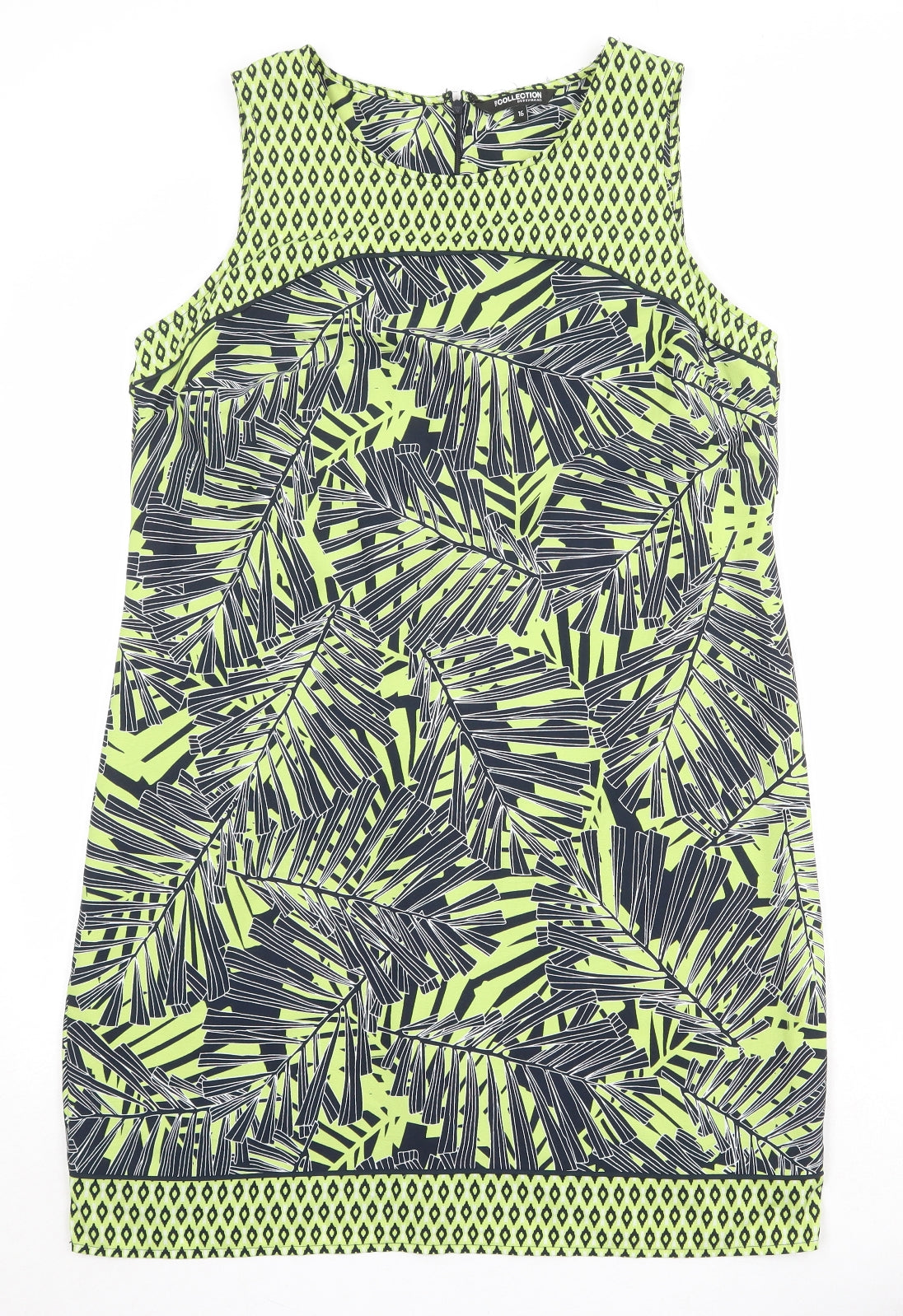 Debenhams Womens Green Geometric Polyester Shift Size 16 Round Neck Zip