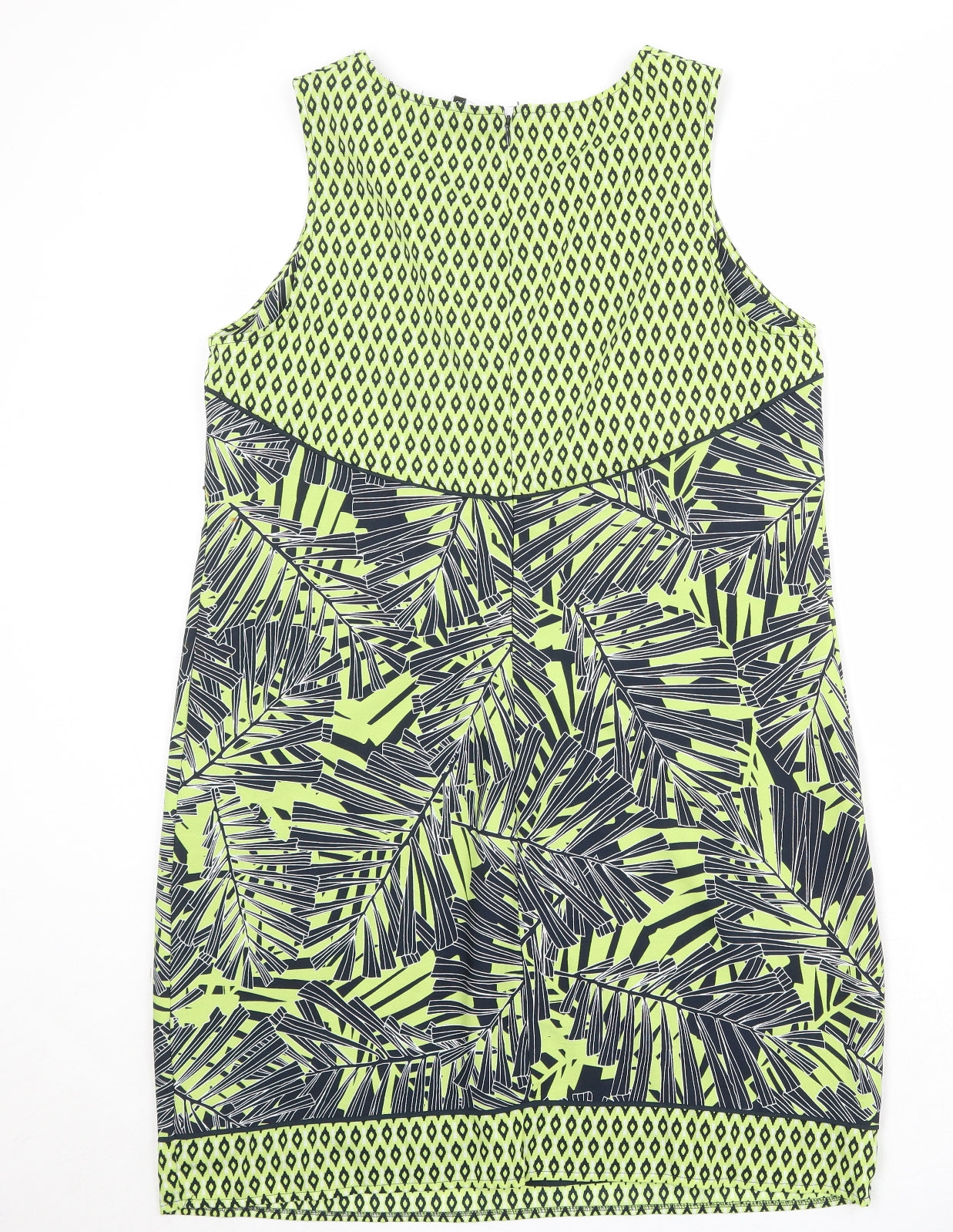Debenhams Womens Green Geometric Polyester Shift Size 16 Round Neck Zip