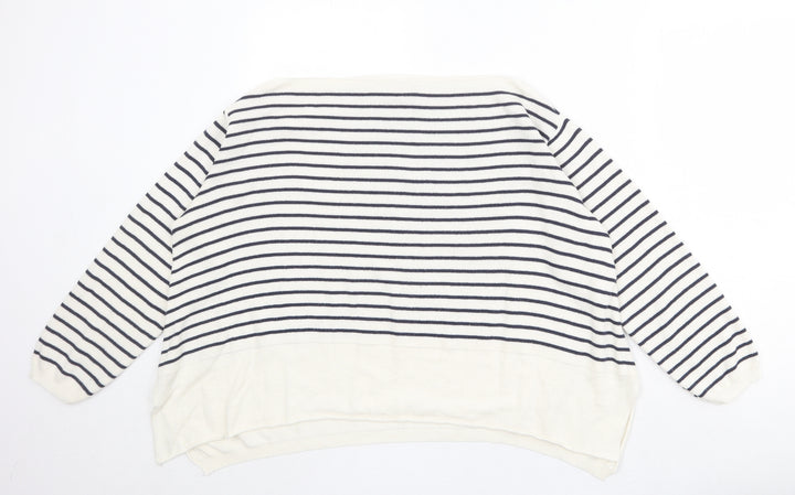 Ella Moda Womens Beige Boat Neck Striped 100% Cotton Pullover Jumper Size S