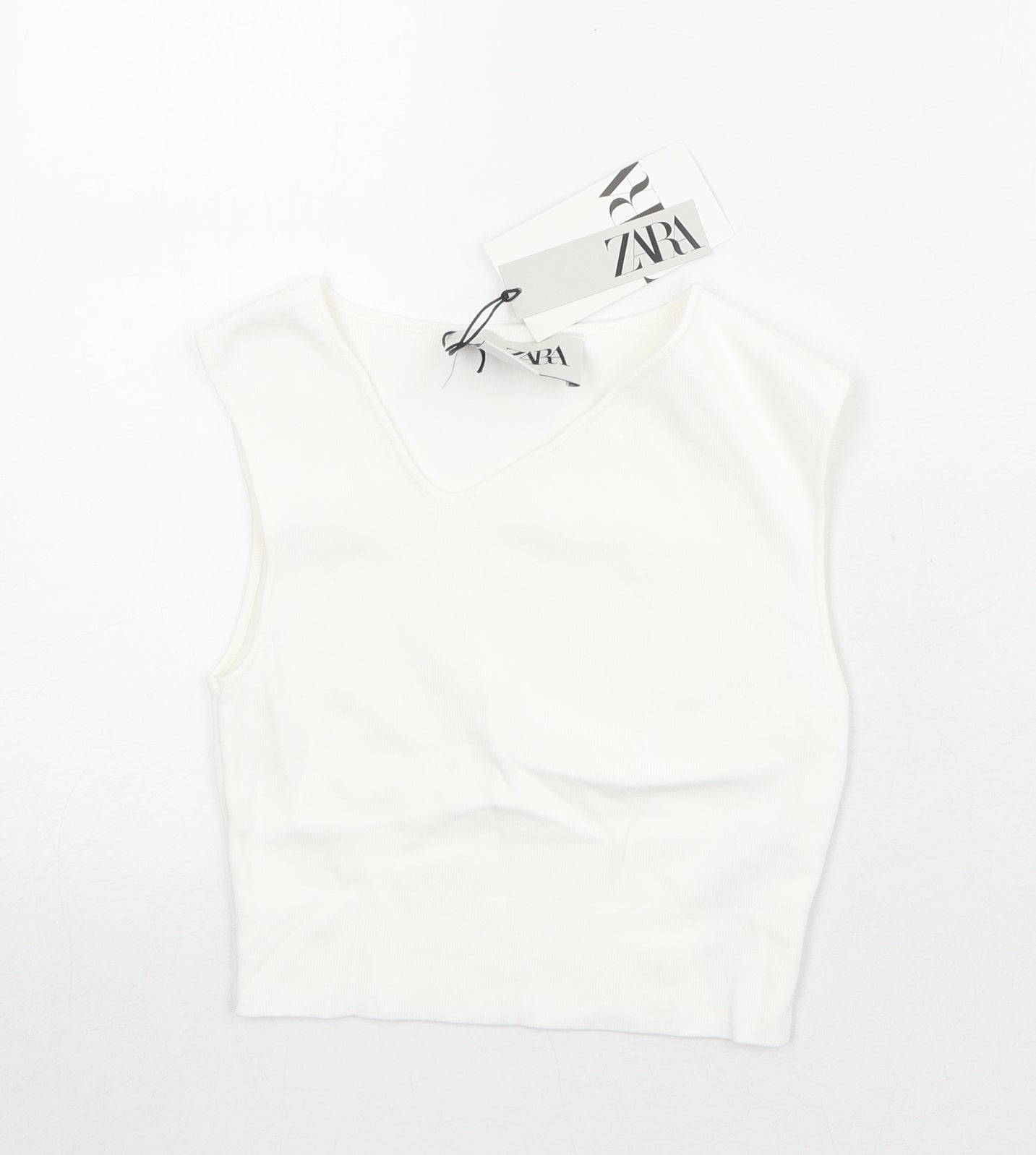 Zara Womens White Viscose Cropped Tank Size S V-Neck
