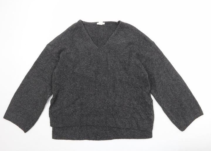 H&M Womens Grey V-Neck Acrylic Pullover Jumper Size M