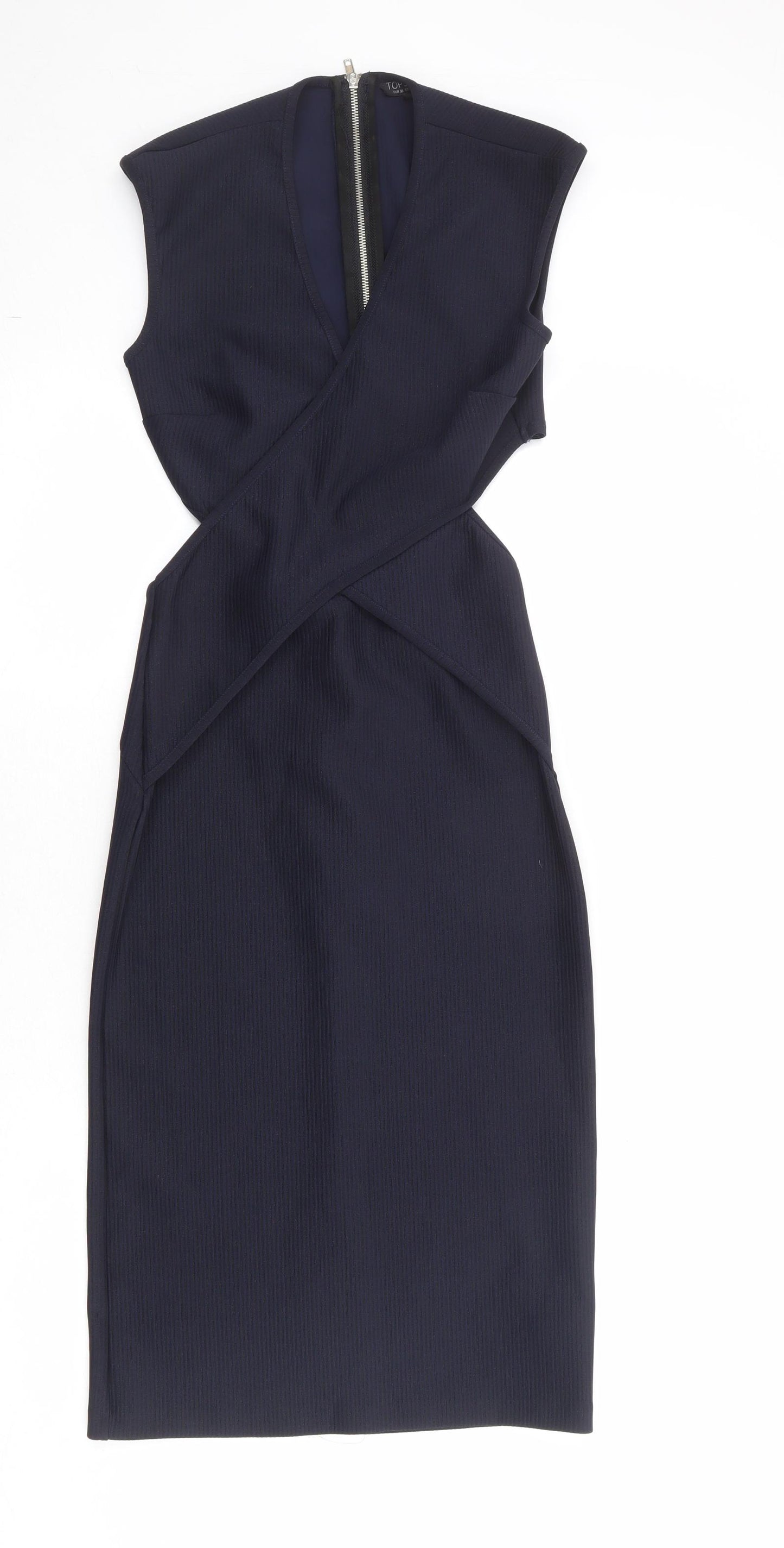 Topshop Womens Blue Polyester Pencil Dress Size 10 V-Neck Zip