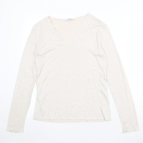 Zara Womens Beige V-Neck Acrylic Pullover Jumper Size S