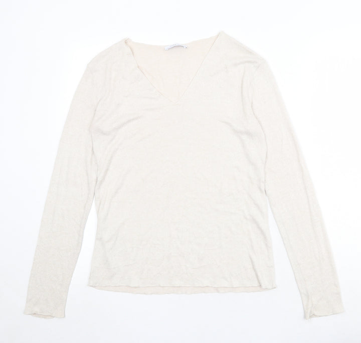 Zara Womens Beige V-Neck Acrylic Pullover Jumper Size S