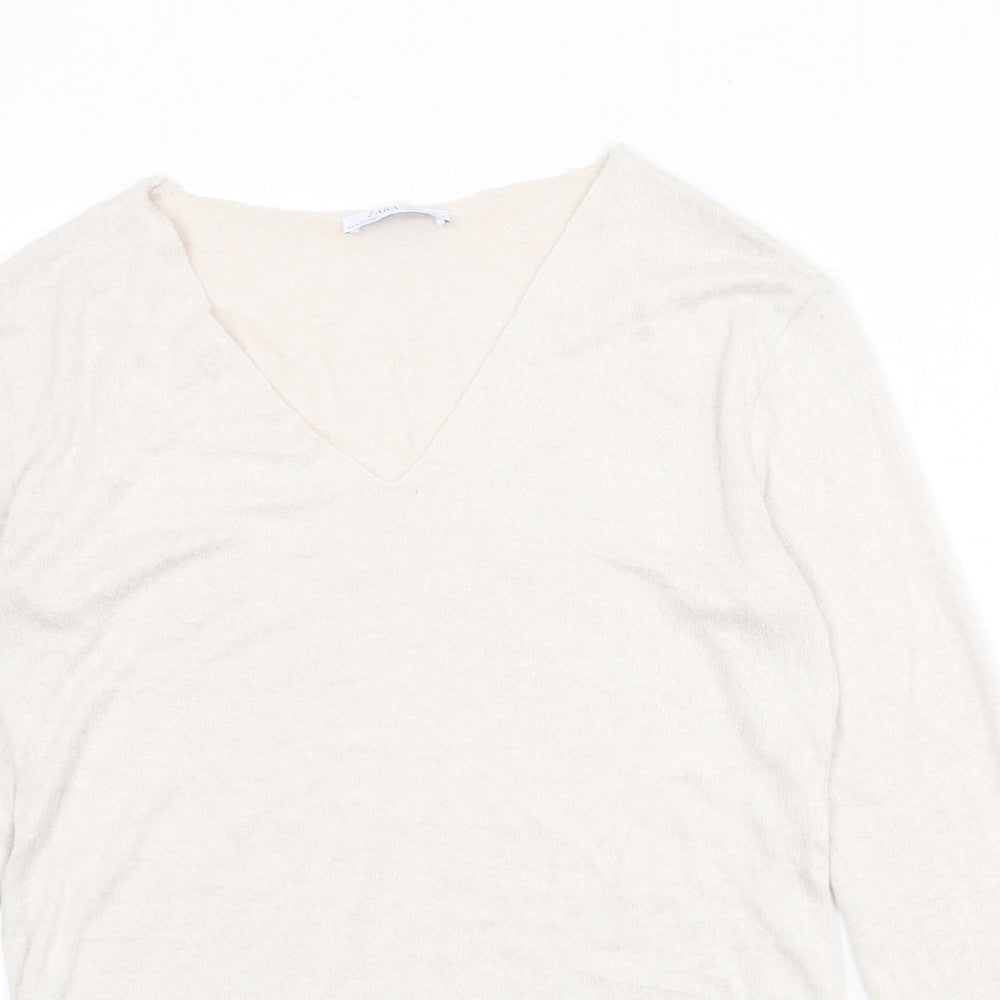Zara Womens Beige V-Neck Acrylic Pullover Jumper Size S