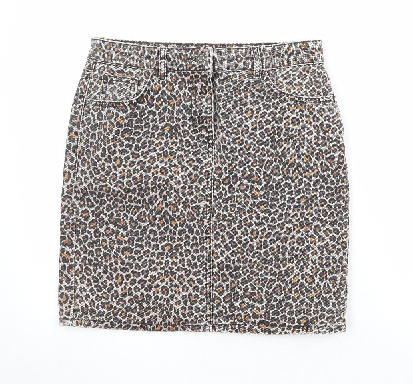 NEXT Womens Brown Animal Print Cotton A-Line Skirt Size 8 Zip - Leopard Pattern