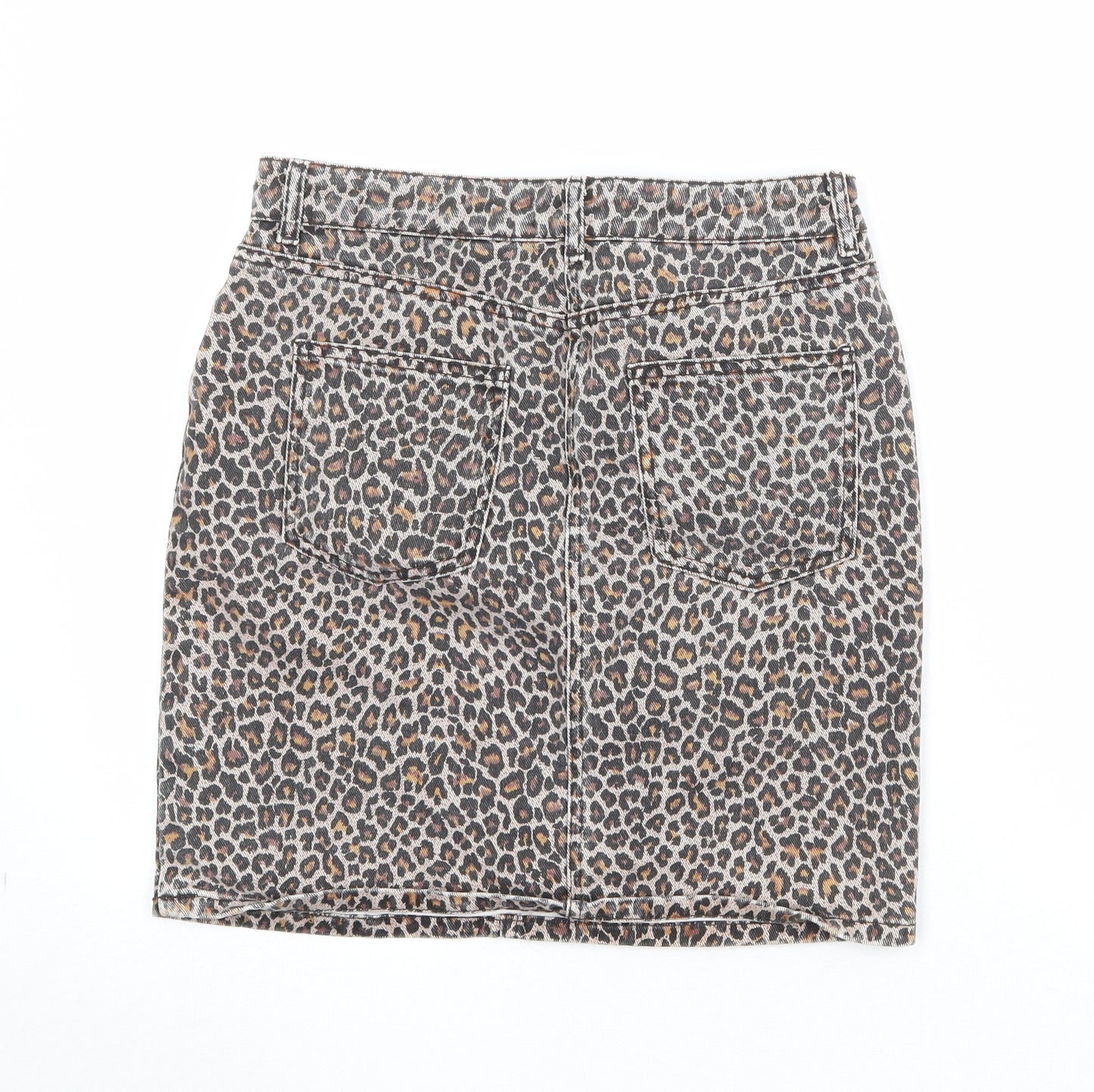 NEXT Womens Brown Animal Print Cotton A-Line Skirt Size 8 Zip - Leopard Pattern