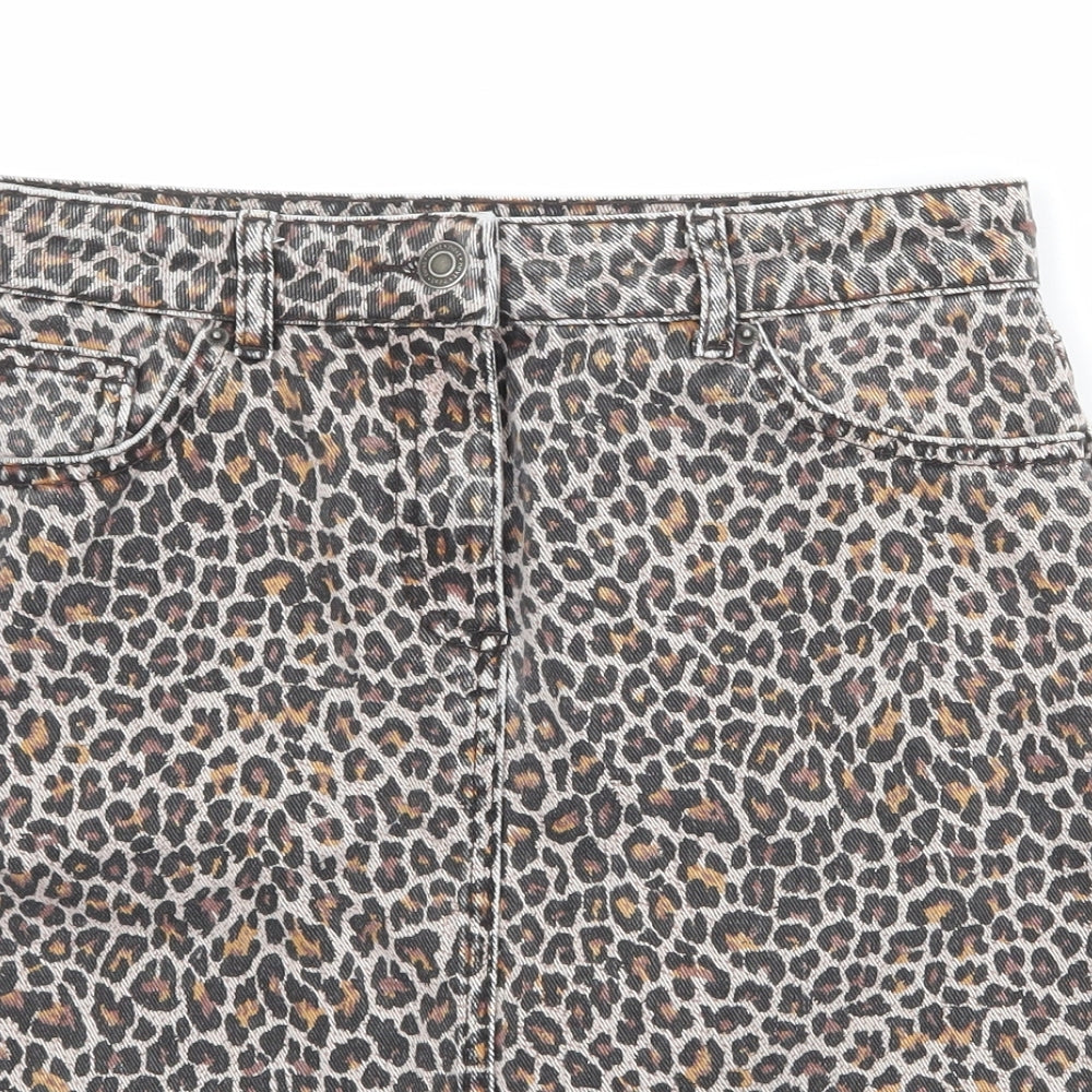 NEXT Womens Brown Animal Print Cotton A-Line Skirt Size 8 Zip - Leopard Pattern