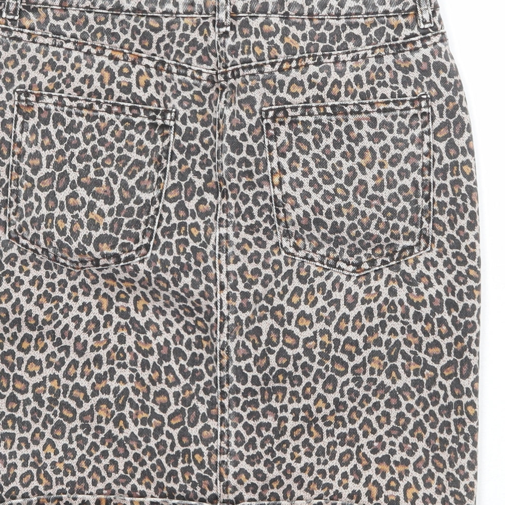 NEXT Womens Brown Animal Print Cotton A-Line Skirt Size 8 Zip - Leopard Pattern