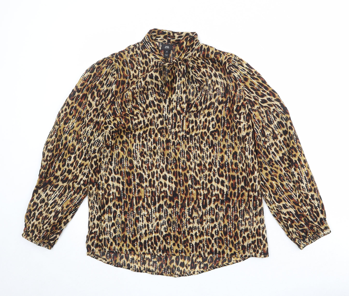 River Island Womens Brown Animal Print Viscose Basic Blouse Size 10 Round Neck - Leopard Pattern