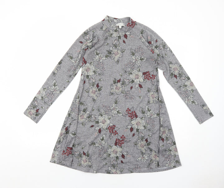 Apricot Womens Grey Floral Polyester Jumper Dress Size 8 Round Neck Pullover