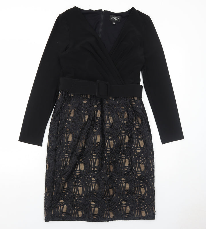 Adrianna Papell Womens Black Geometric Polyester A-Line Size 8 V-Neck Zip