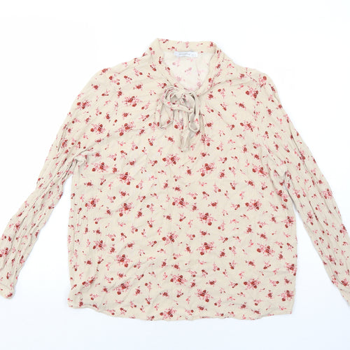 RESERVED Womens Beige Floral Viscose Basic Blouse Size 12 V-Neck