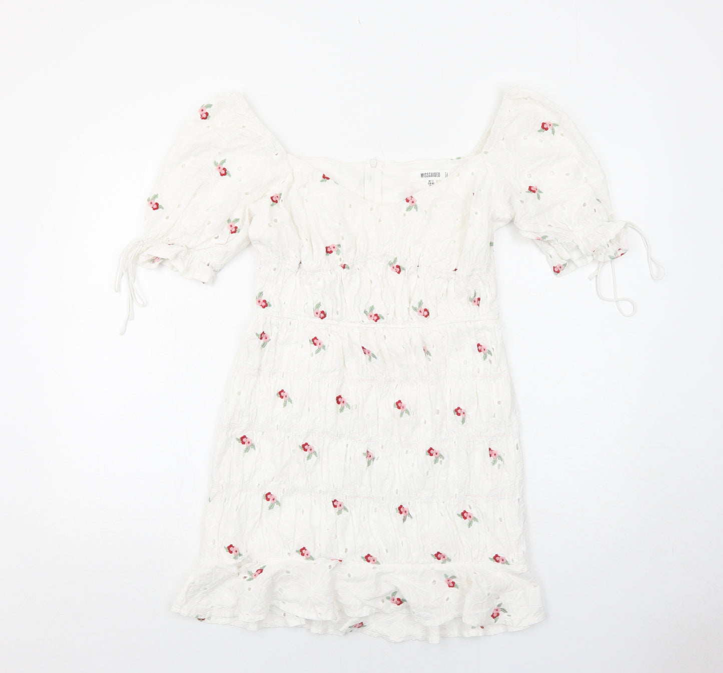 Missguided Womens White Floral Cotton Mini Size 12 Round Neck Zip