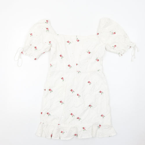 Missguided Womens White Floral Cotton Mini Size 12 Round Neck Zip