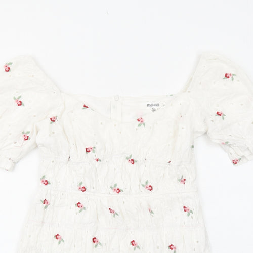 Missguided Womens White Floral Cotton Mini Size 12 Round Neck Zip