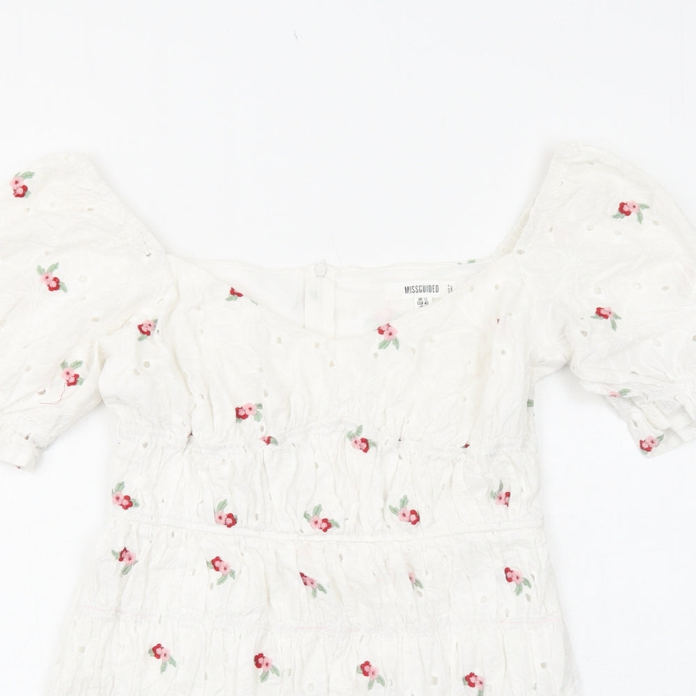Missguided Womens White Floral Cotton Mini Size 12 Round Neck Zip