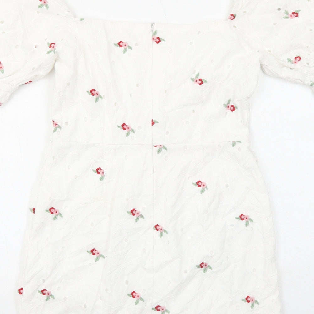 Missguided Womens White Floral Cotton Mini Size 12 Round Neck Zip