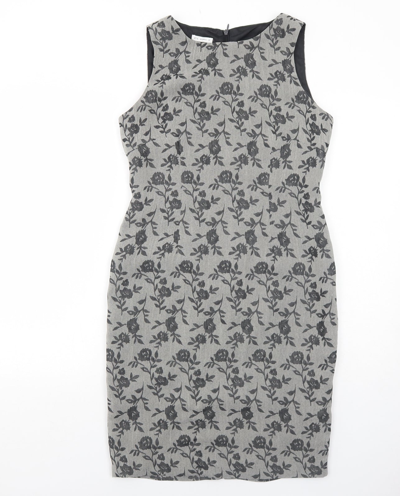Planet Womens Grey Floral Polyester Pencil Dress Size 8 Boat Neck Zip