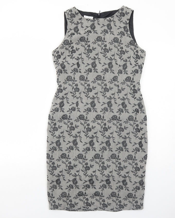 Planet Womens Grey Floral Polyester Pencil Dress Size 8 Boat Neck Zip