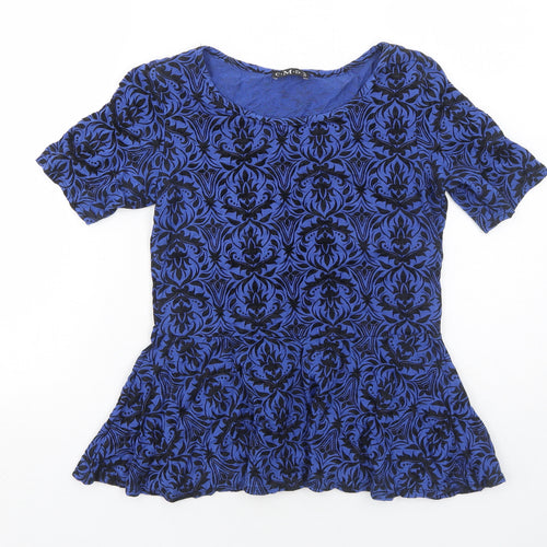 CMD Womens Blue Geometric Viscose Basic T-Shirt Size 10 Round Neck