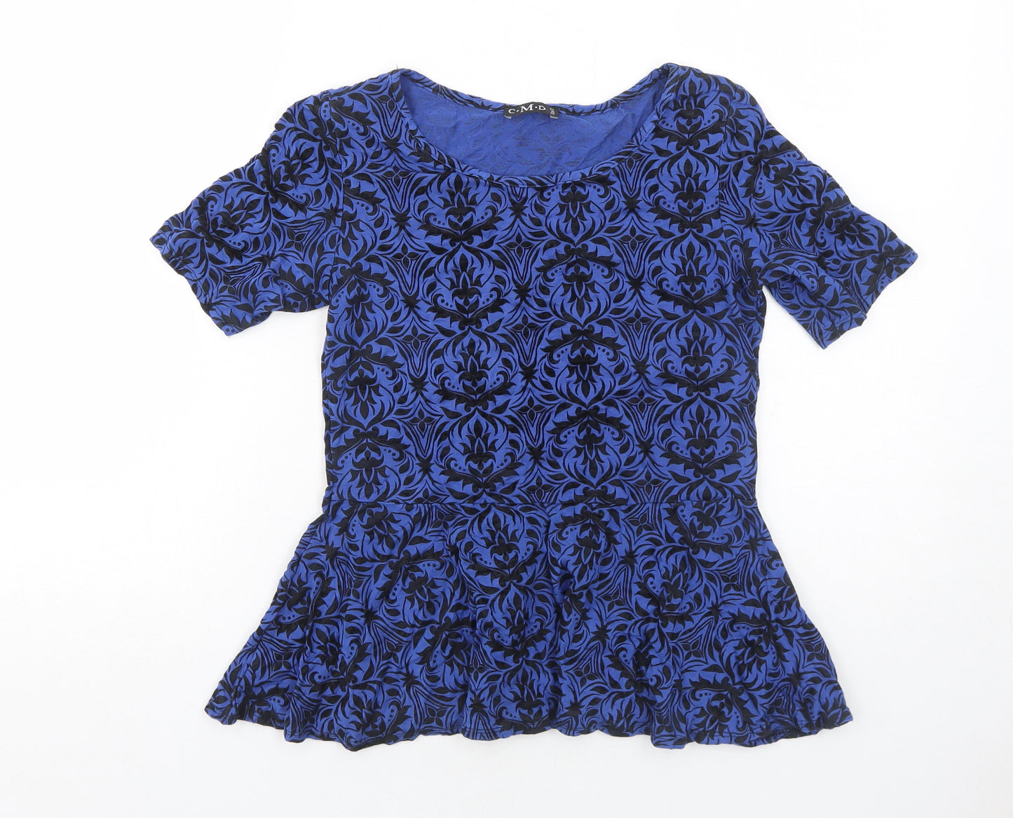 CMD Womens Blue Geometric Viscose Basic T-Shirt Size 10 Round Neck