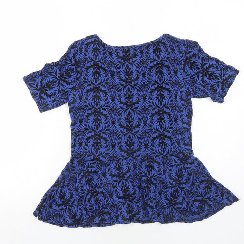 CMD Womens Blue Geometric Viscose Basic T-Shirt Size 10 Round Neck