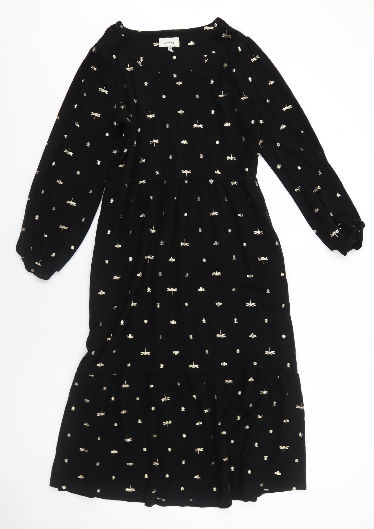 Joules Womens Black Geometric Viscose A-Line Size 14 Boat Neck Pullover - Dragonfly Pattern