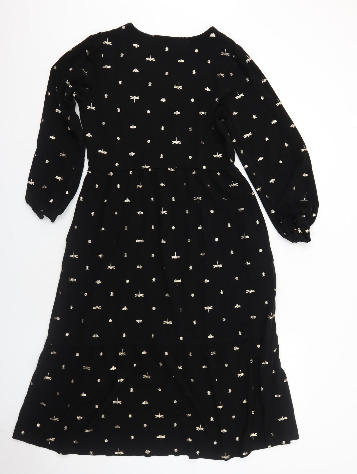 Joules Womens Black Geometric Viscose A-Line Size 14 Boat Neck Pullover - Dragonfly Pattern