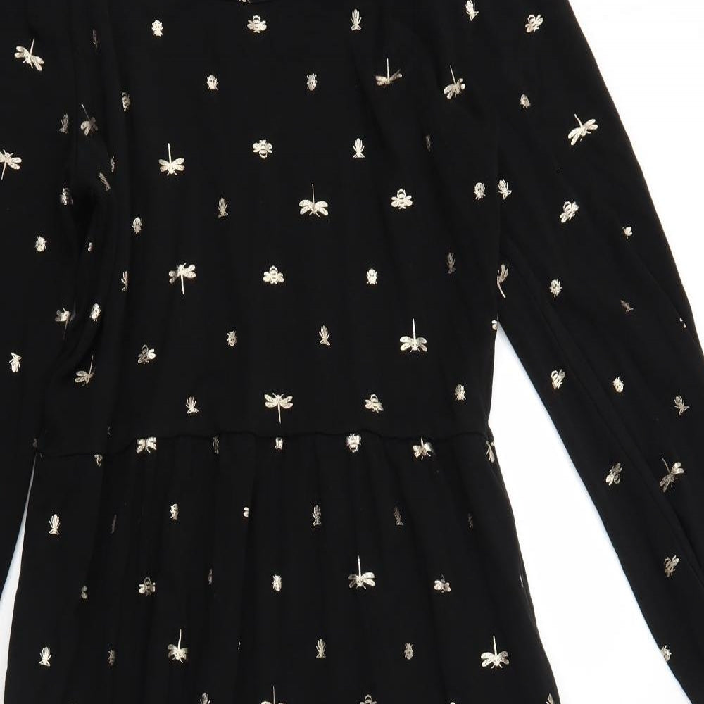 Joules Womens Black Geometric Viscose A-Line Size 14 Boat Neck Pullover - Dragonfly Pattern