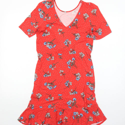 ASOS Womens Red Floral Viscose Fit & Flare Size 8 V-Neck Pullover