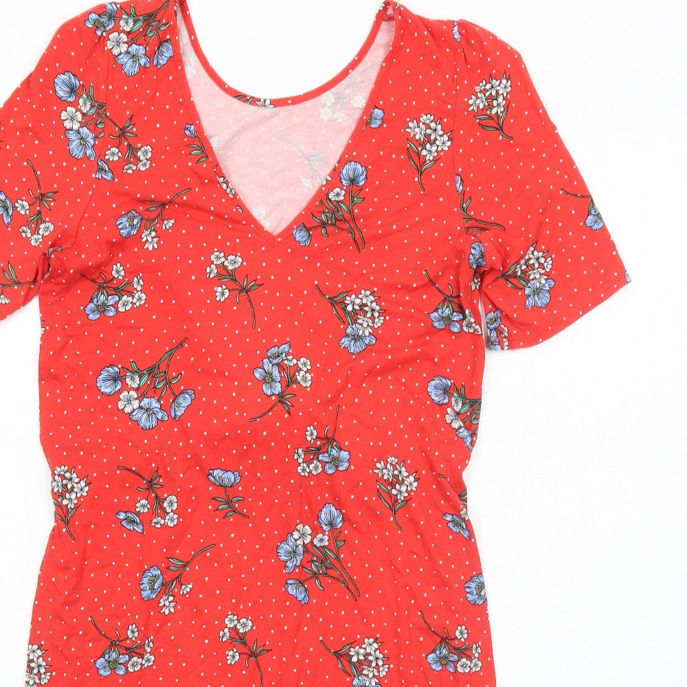 ASOS Womens Red Floral Viscose Fit & Flare Size 8 V-Neck Pullover