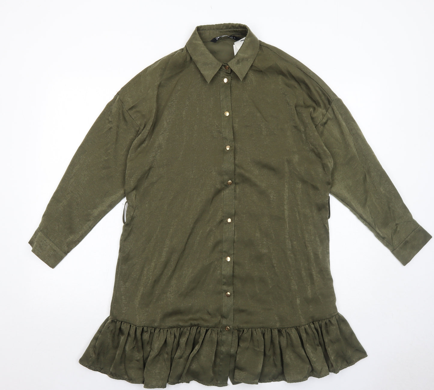 Zara Womens Green Polyester Shirt Dress Size S Collared Button