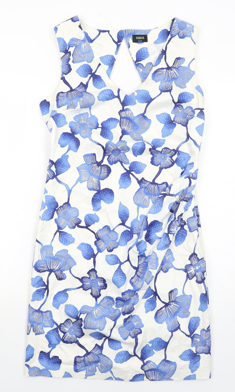 Oasis Womens Blue Floral Cotton Shift Size 14 V-Neck Zip