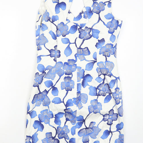 Oasis Womens Blue Floral Cotton Shift Size 14 V-Neck Zip