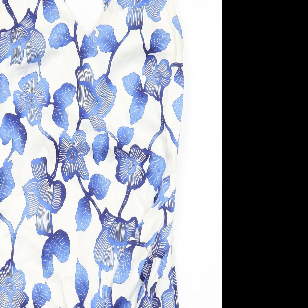 Oasis Womens Blue Floral Cotton Shift Size 14 V-Neck Zip