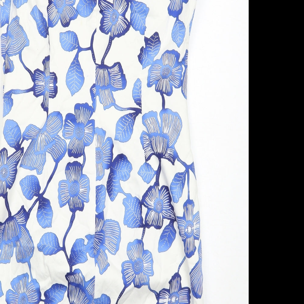 Oasis Womens Blue Floral Cotton Shift Size 14 V-Neck Zip