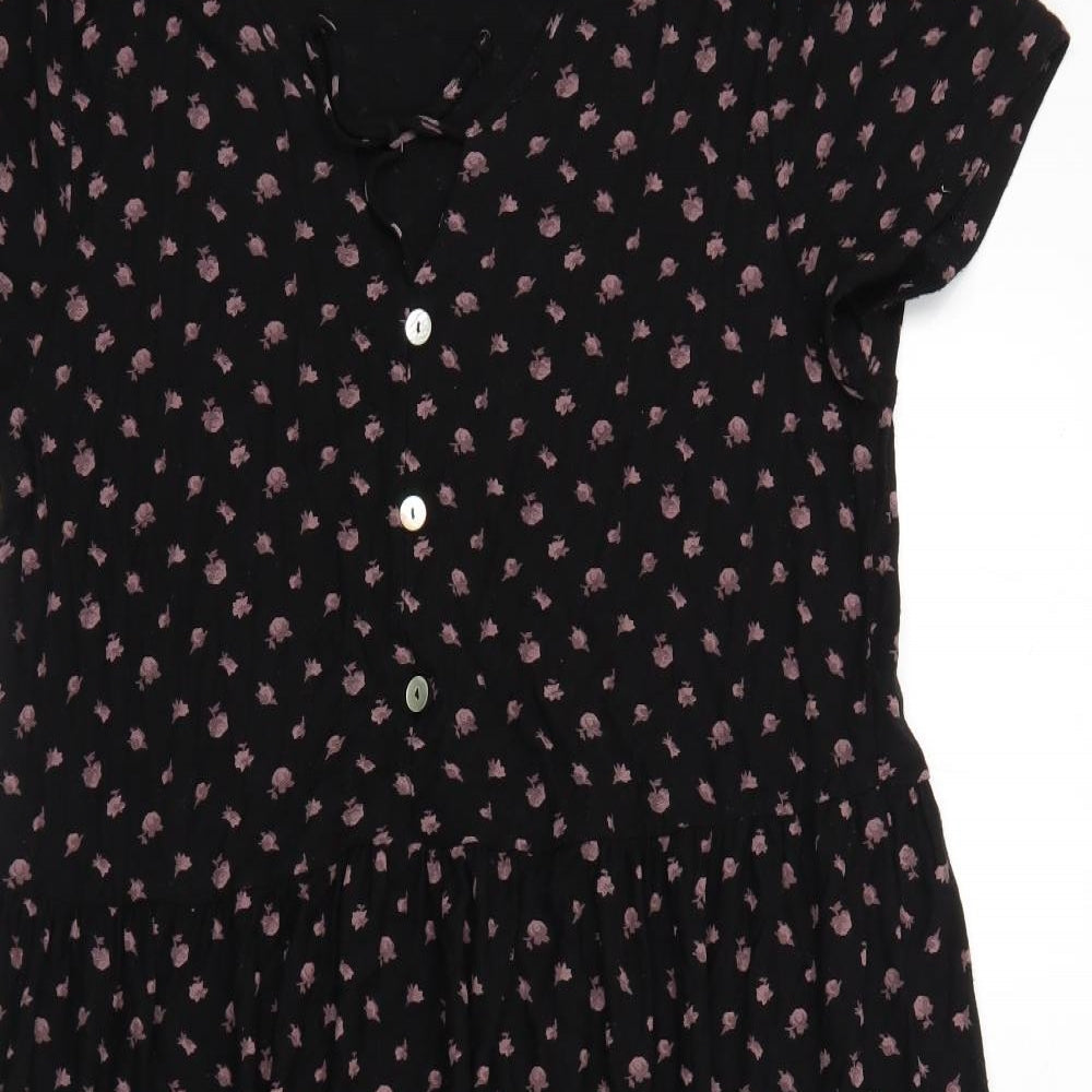 NEXT Womens Black Floral Viscose A-Line Size 14 V-Neck Pullover