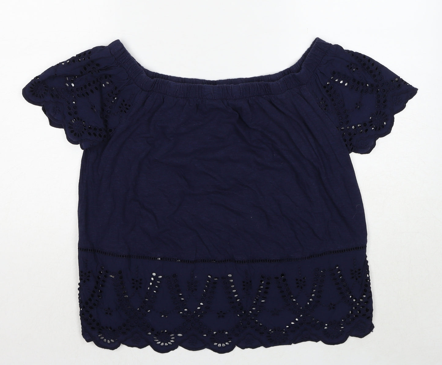 NEXT Womens Blue Cotton Basic Blouse Size 14 Round Neck - Broderie Anglaise