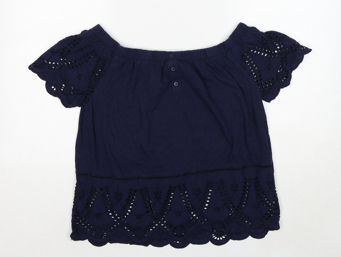 NEXT Womens Blue Cotton Basic Blouse Size 14 Round Neck - Broderie Anglaise