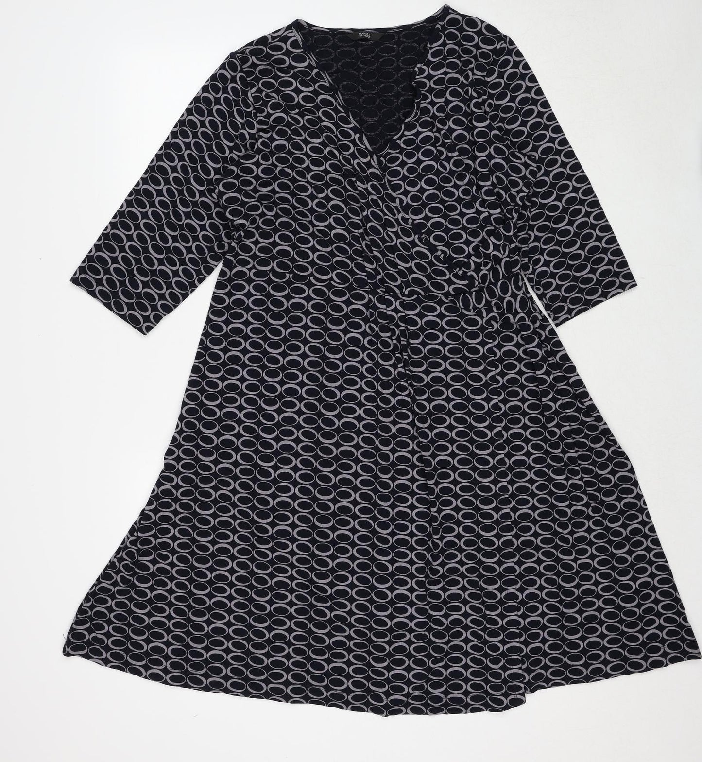 Marks and Spencer Womens Black Geometric Viscose Trapeze & Swing Size 20 V-Neck Pullover