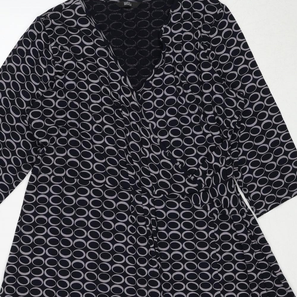 Marks and Spencer Womens Black Geometric Viscose Trapeze & Swing Size 20 V-Neck Pullover