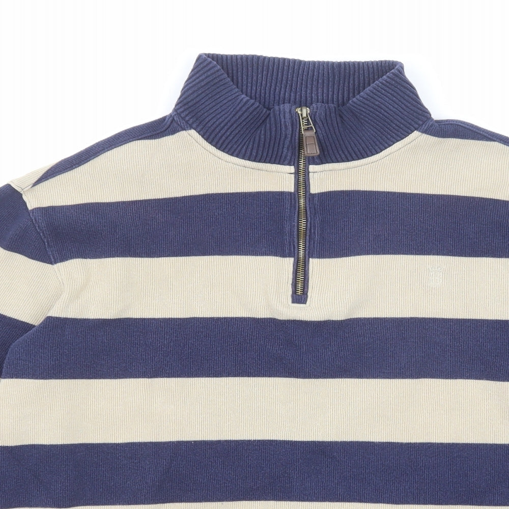 Marks and Spencer Mens Blue Round Neck Striped Cotton Pullover Jumper Size M Long Sleeve