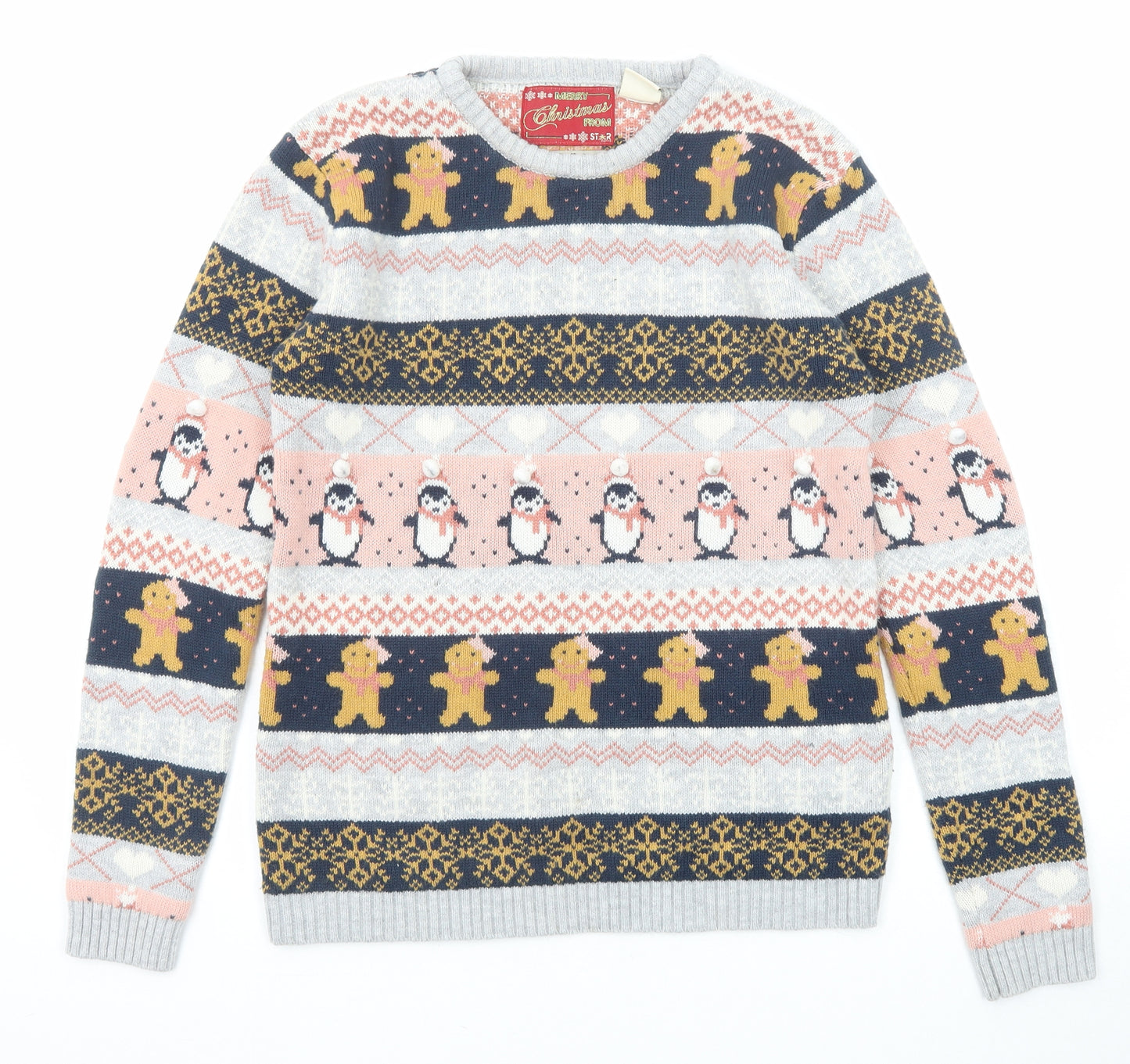 Star Womens Multicoloured Round Neck Fair Isle Acrylic Pullover Jumper Size 14 - Christmas