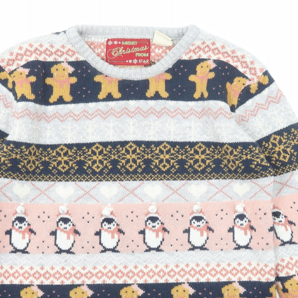 Star Womens Multicoloured Round Neck Fair Isle Acrylic Pullover Jumper Size 14 - Christmas