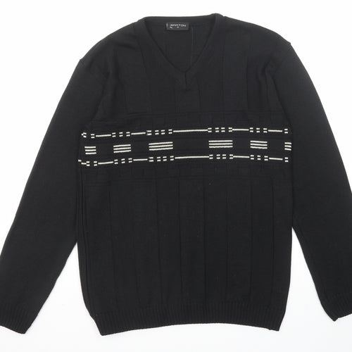 Barton Mens Black V-Neck Geometric Cotton Pullover Jumper Size M Long Sleeve