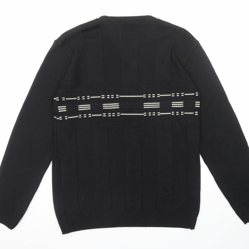 Barton Mens Black V-Neck Geometric Cotton Pullover Jumper Size M Long Sleeve
