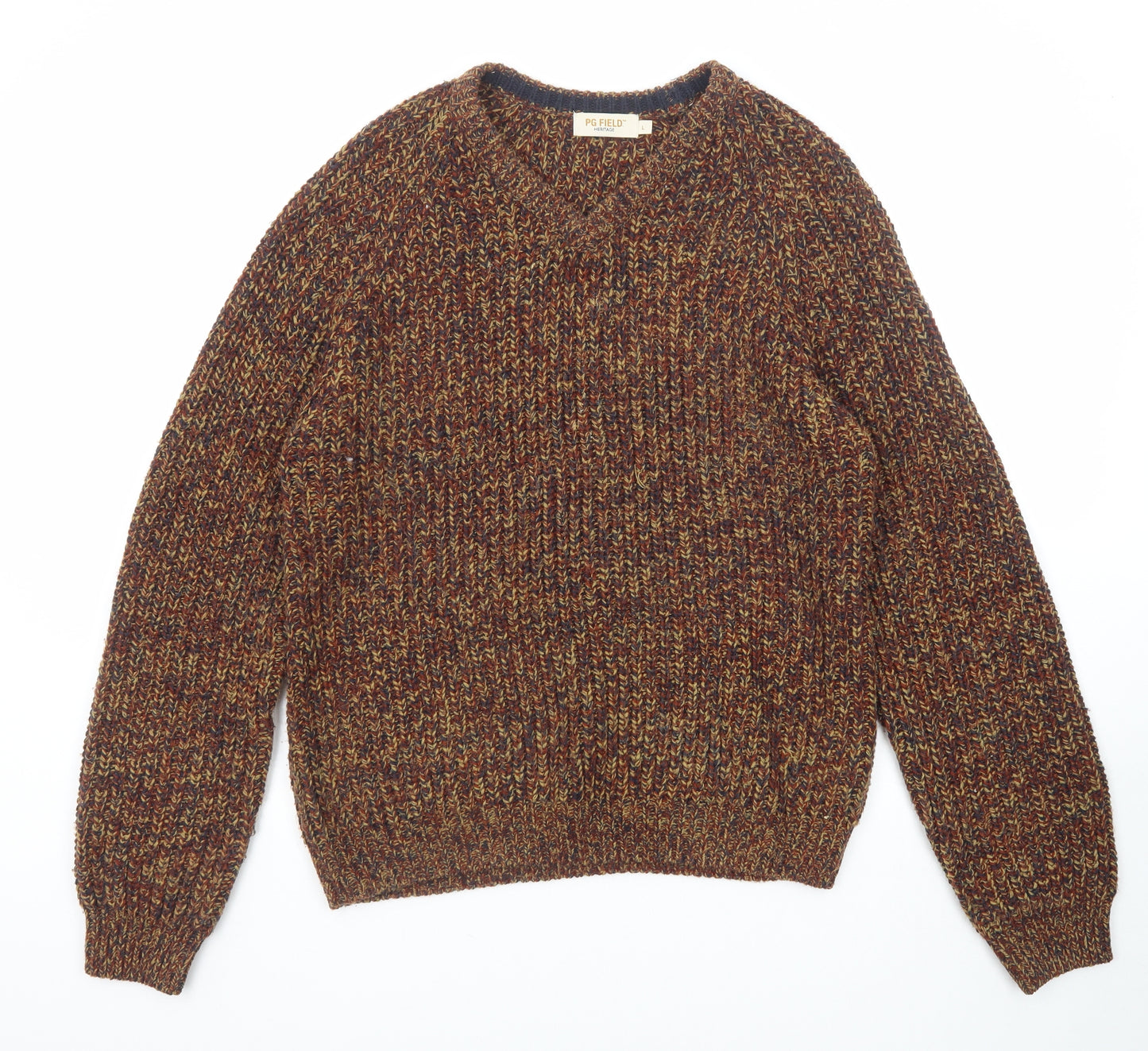 PG Field Mens Multicoloured V-Neck Acrylic Pullover Jumper Size L Long Sleeve